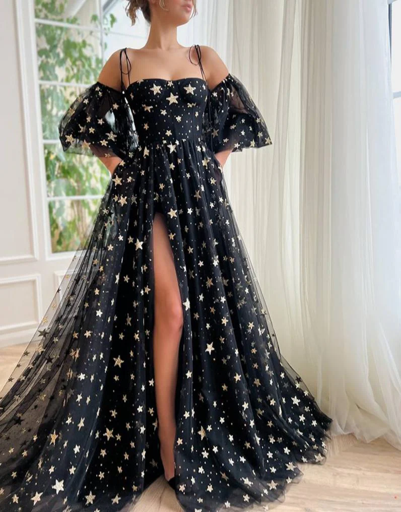 Side Slit Black Prom Dress with Stars