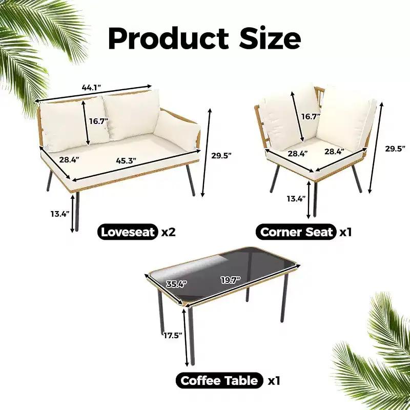 Acekool Outdoor Patio Furniture Set  All-Weather Wicker Sectional Sofa with Glass Coffee Table and Soft Removable Cushions