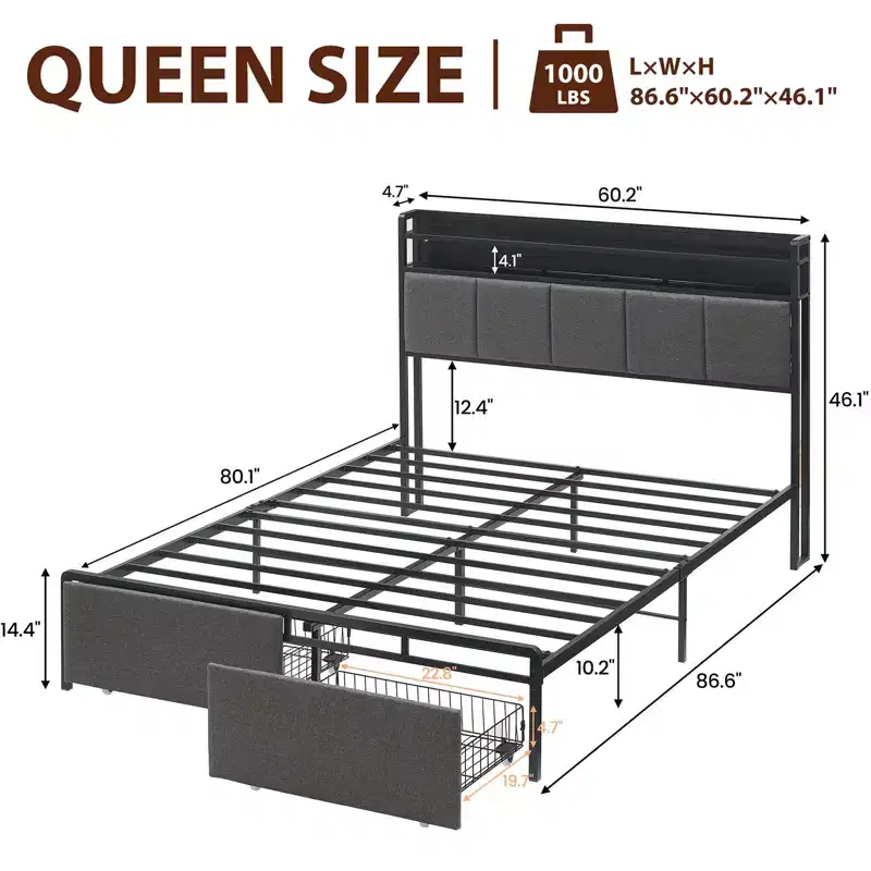 Queen Bed Frame with 2 Storage Drawers, Upholstered Storage Headboard with LED Lights and Charging Station
