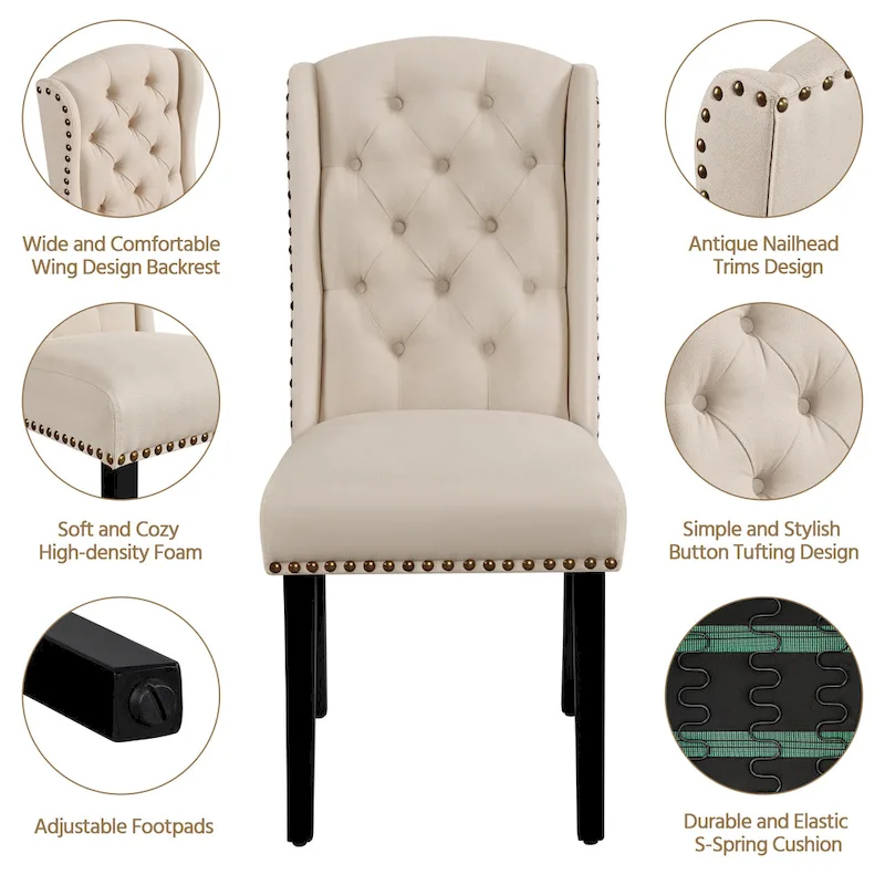 Yaheetech 2pcs Upholstered Dining Chair Button Tufted Dining Room Chair with Nailhead Trims - N/A