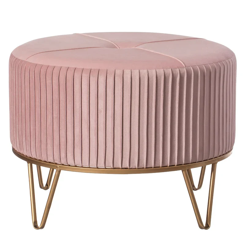 Round Velvet Ottoman Stool Raised with Hairpin Gold Base