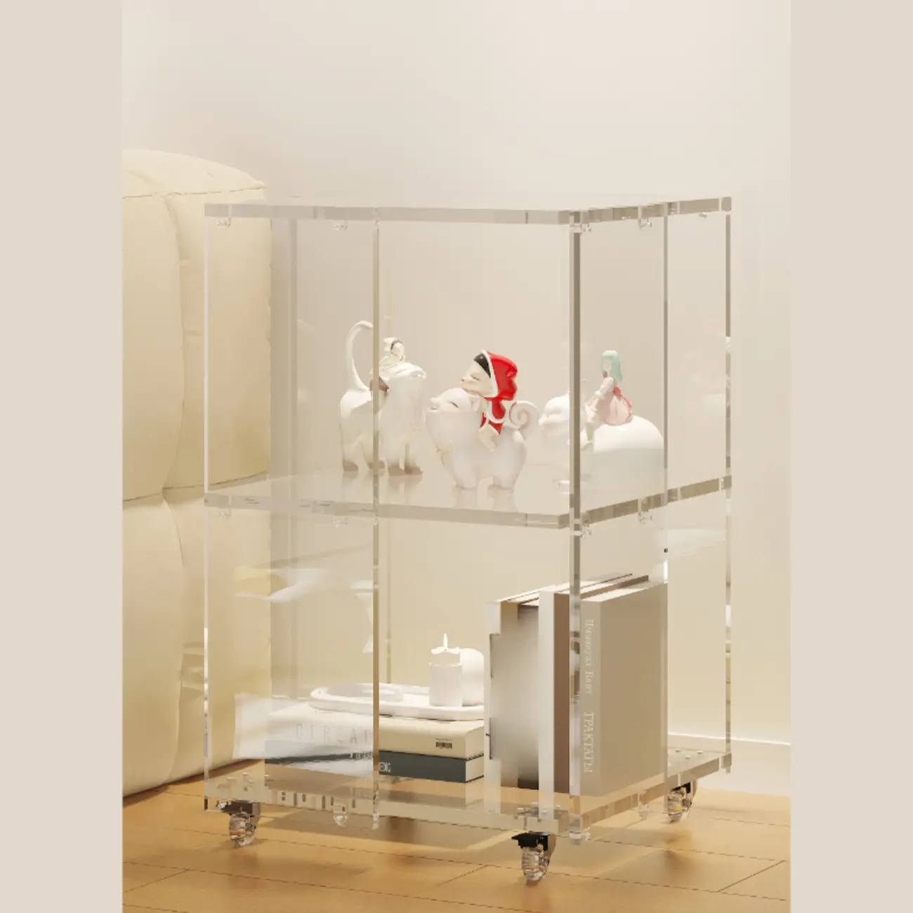 Modern Clear Lucite Vertical Etagere Rolling Bookshelf