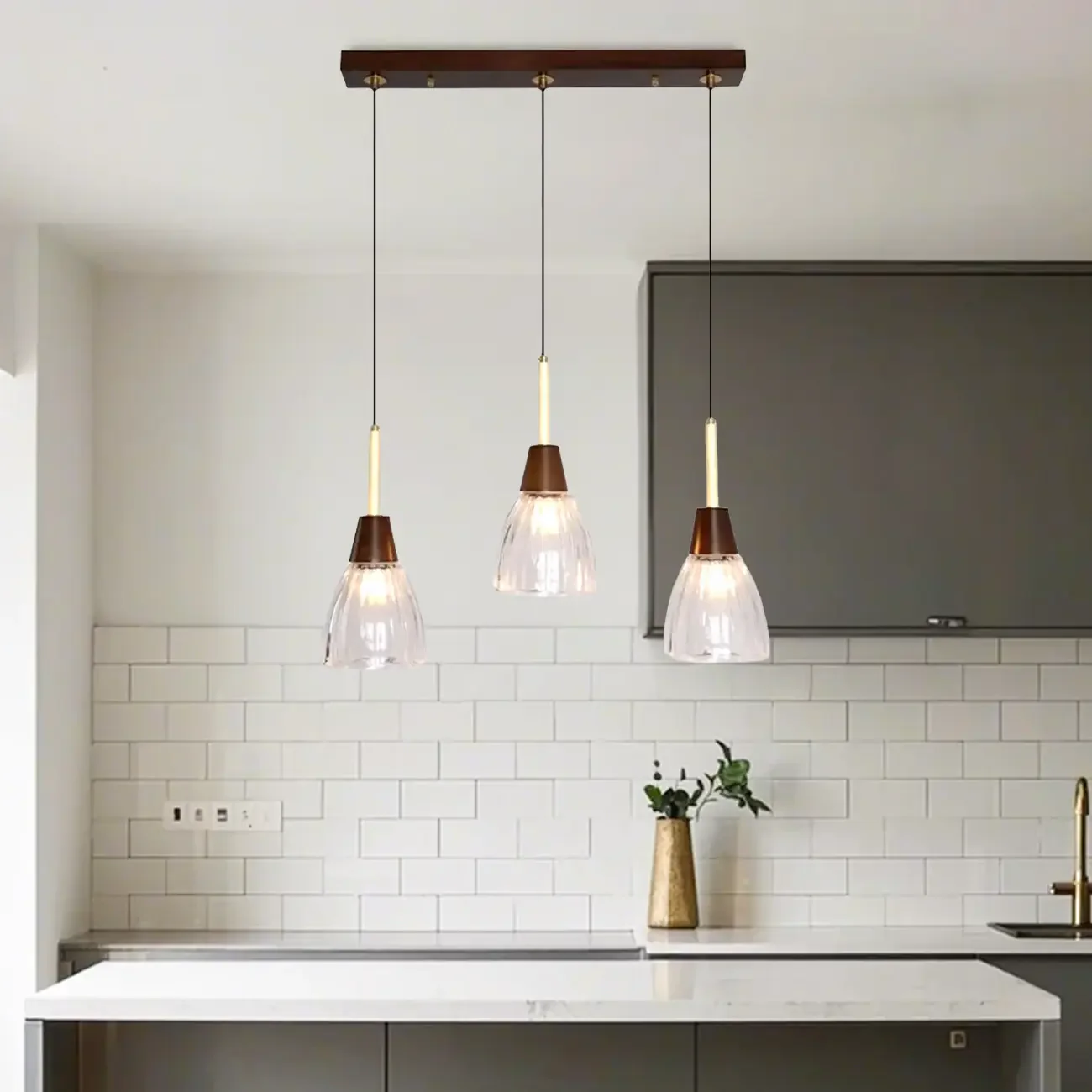 Modern Glass Dome Island Pendant Light in Walnut