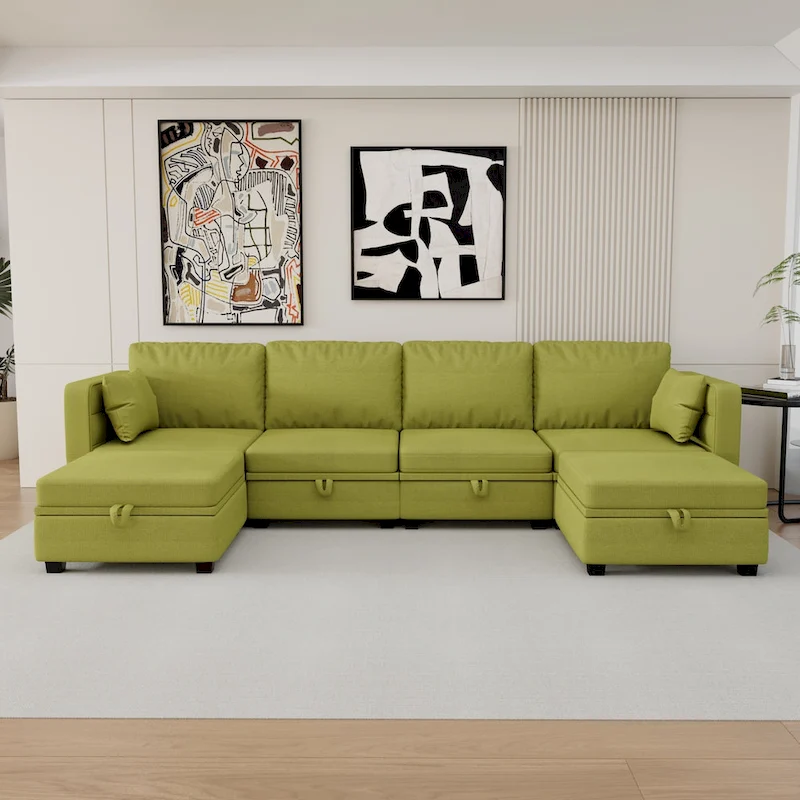 Modular U-shaped adjustable sectional sofa with reversible chains and storage seats