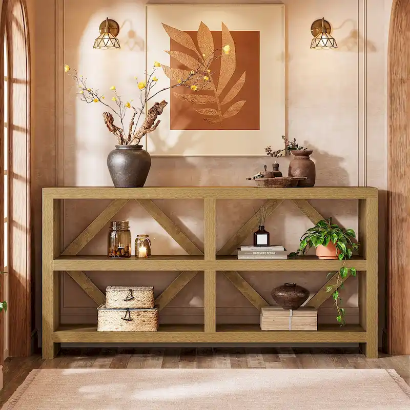 Brown Industrial 3-Tier Engineered Wood Console Sofa Table – 71 Inch