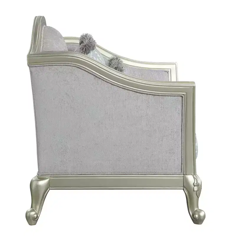 66" Qunsia Sofa Light Gray Linen & Champagne Finish - Acme Furniture: Leather Upholstery, Wood Frame, No Assembly Required