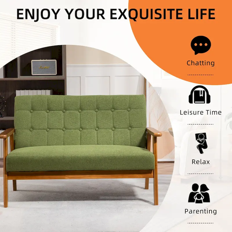 HOMEFUN Mid-Century Linen/PU Upholstered Wood Frame Tufted Loveseat Sofa