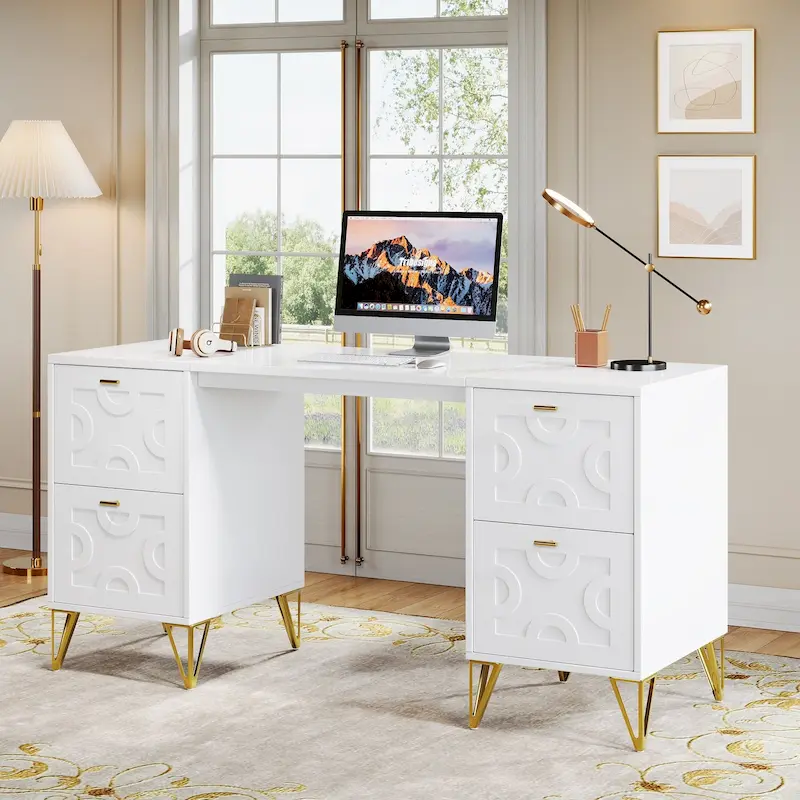 White Computer Desk with File Drawers, 59 Modern Home Office Desk