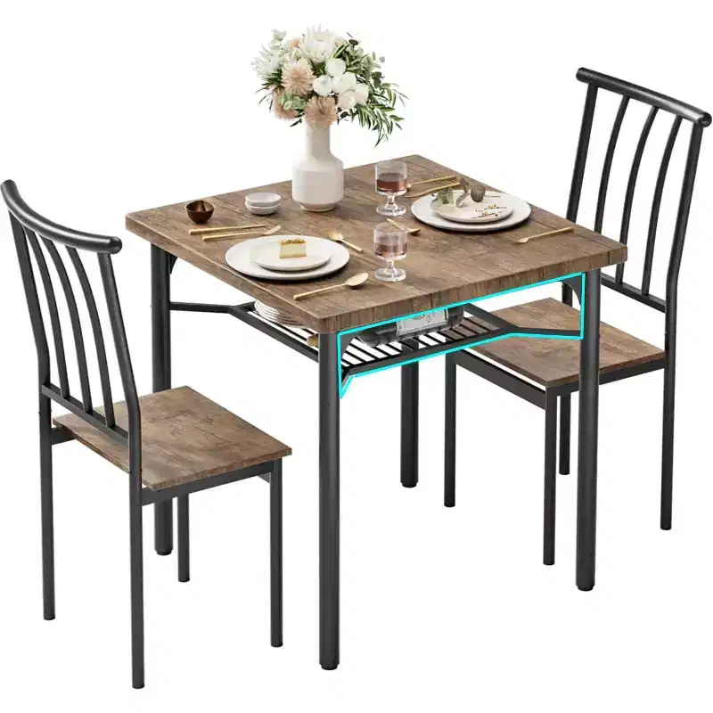 Dining Table Set for 2 with Adjustable Legs, 3-Piece Square Rustic Wooden Table & 2 Chairs with Under-Table Wine Rack for
