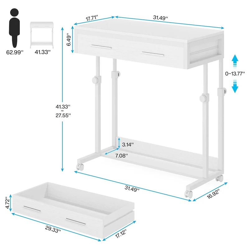 Height-Adjustable Side Table with Drawers and Wheels