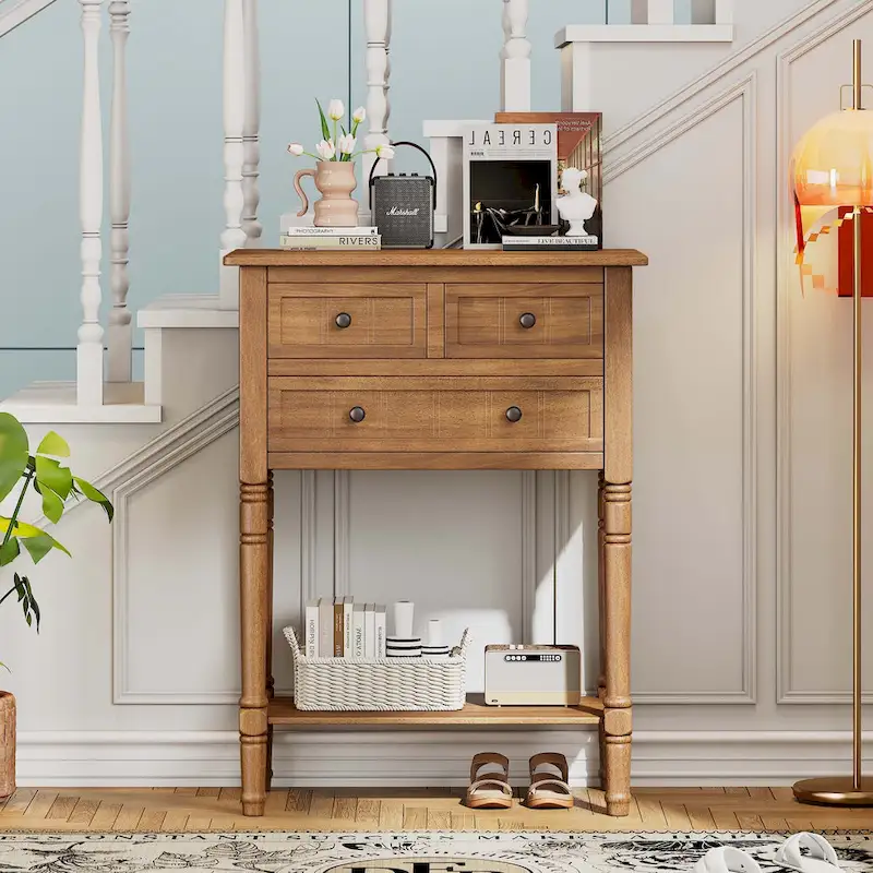 Natural/Light Blue/Navy/Beige/Black Console Table with Drawers & Shelf