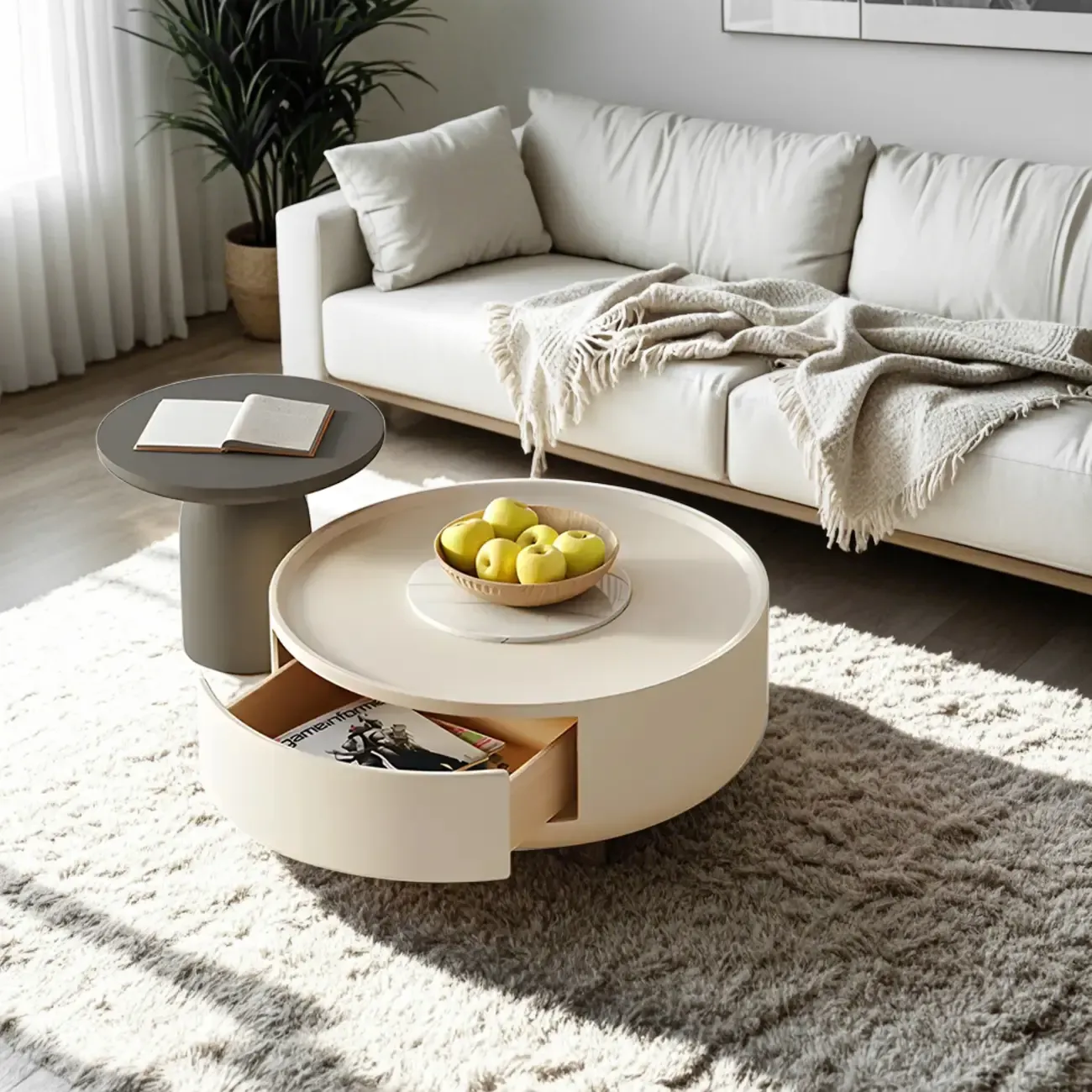 White Round Modern Drum Wood Coffee Table