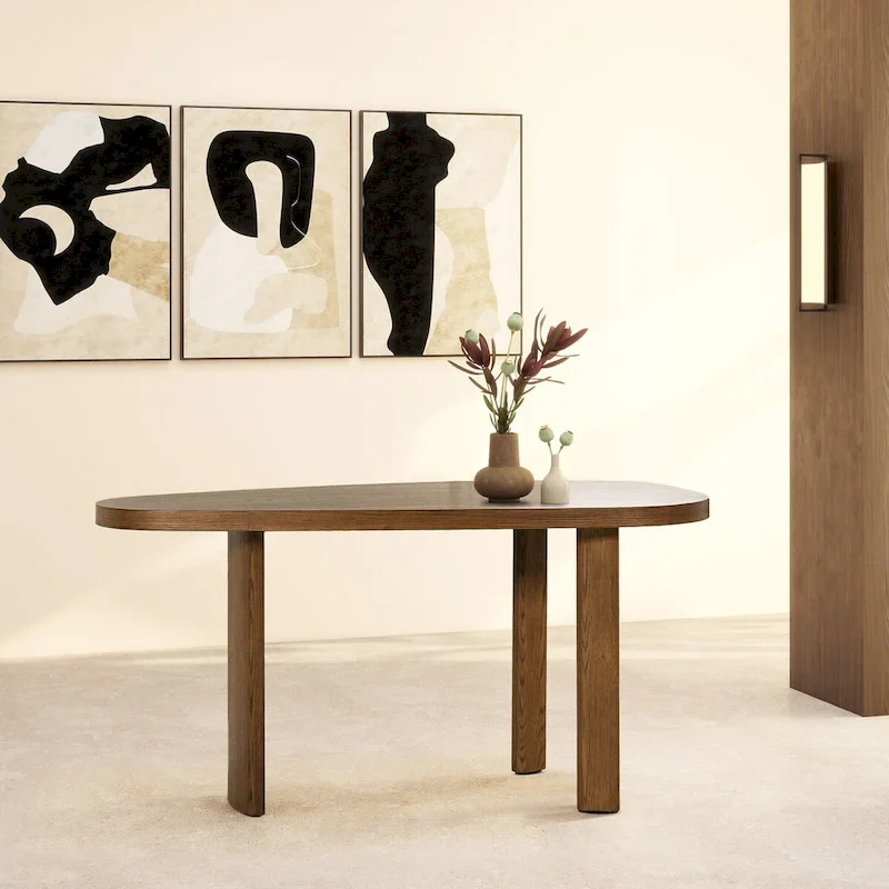 Café Brown Oak Wood Oval Console Table for 2-4 People