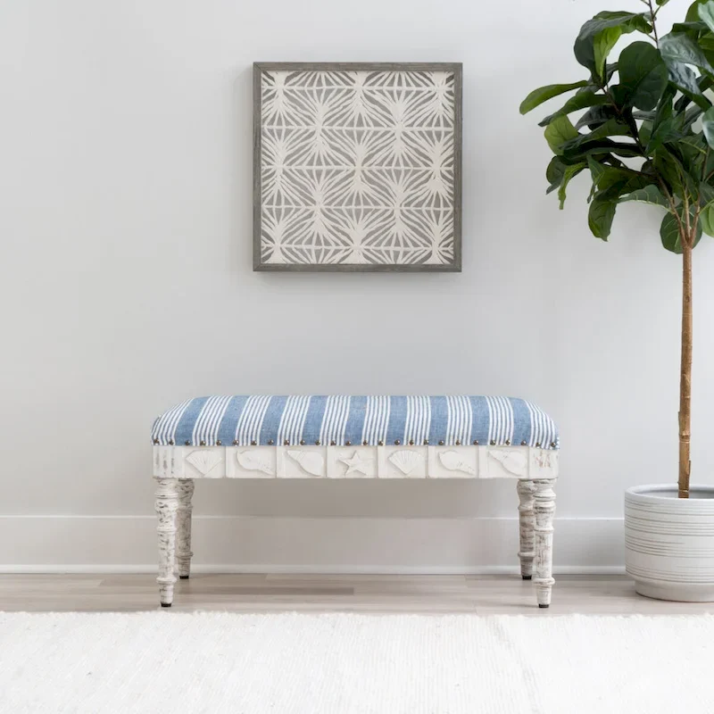 Seashell Upholstered Entryway Bench – Mango Wood, 400 lb Capacity