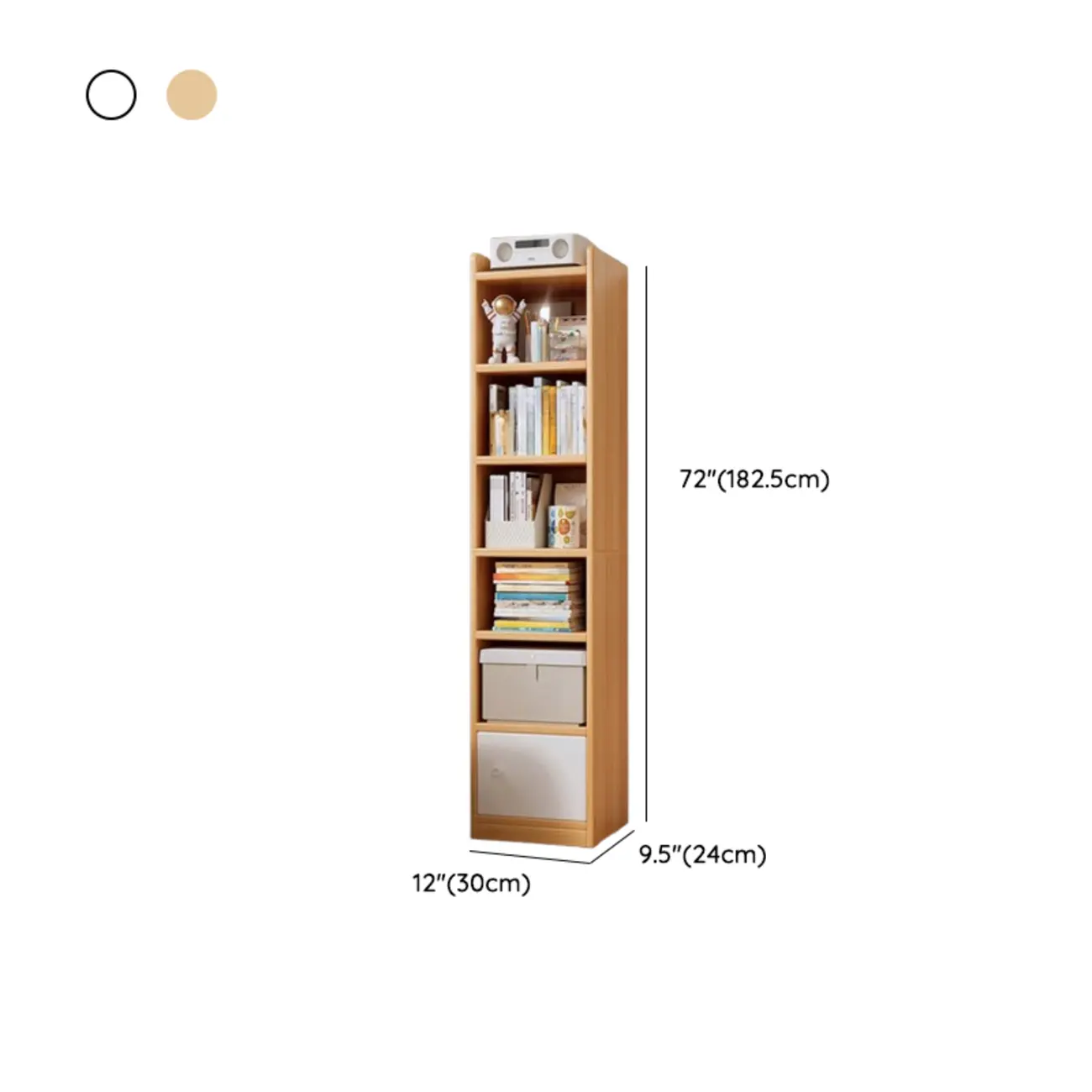 Narrow 6-Shelf White Wooden Bookcase with Cabinet