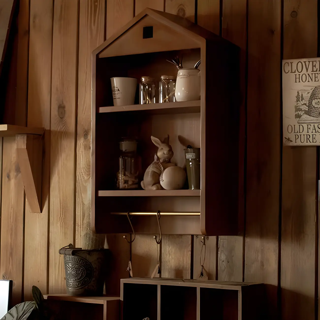 Classicial House-shaped 2 Shelves Floating Wood Display Cabinet