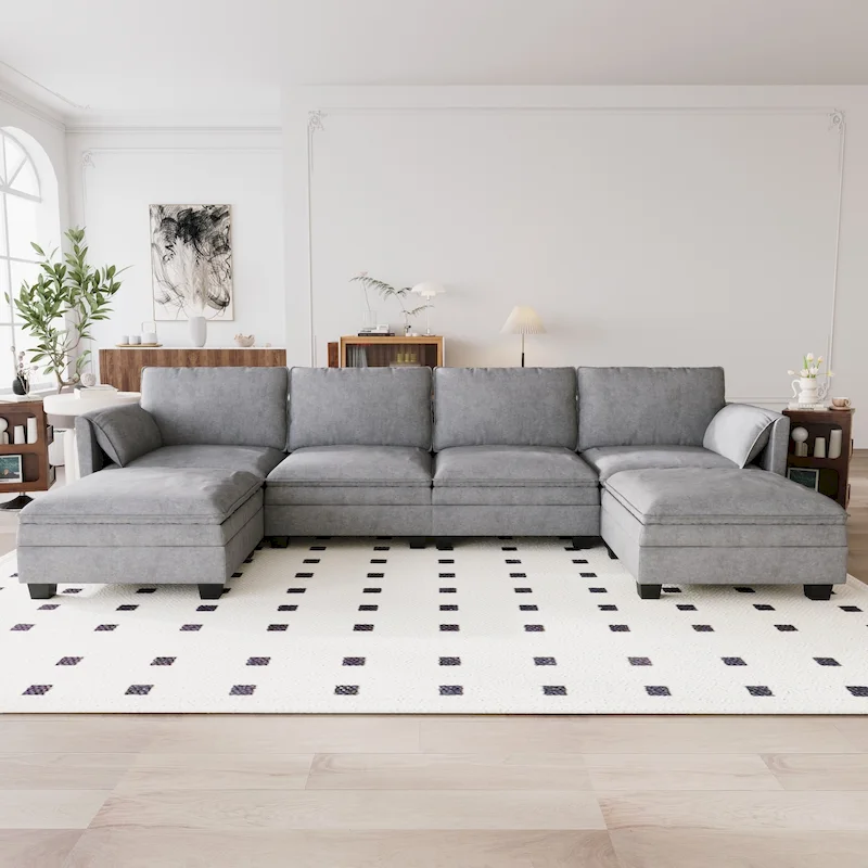 Christopher Knight Home - Noah 141.5  U-Shaped 6-Seater Sofa Couch with Movable Ottoman and Armrest Pockets, Fabric Upholstery