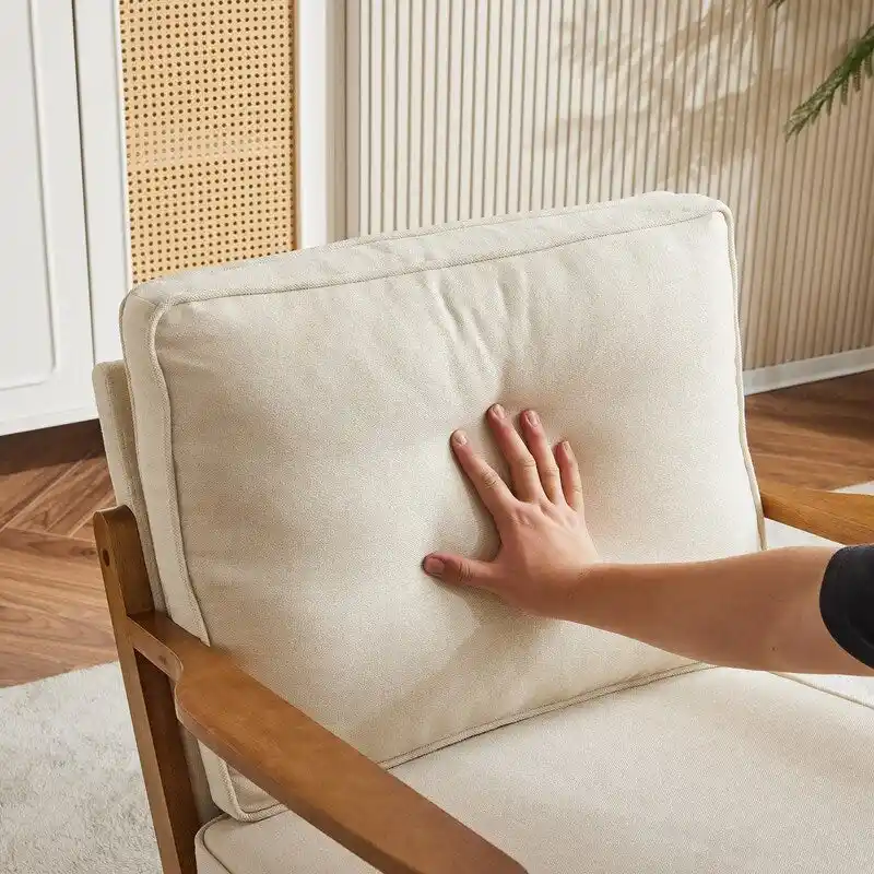 Upholstered Linen Blend Accent Chair with Wooden Legs and Pillow, Beige