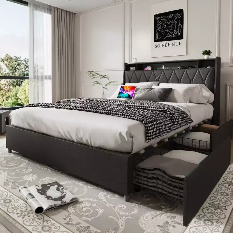 Okak Full/Queen Platform Bed Frame with Upholstered 4 Storage Drawers Bed with Outlets Charger Metal Frame No Box Spring Needed Noise-Free