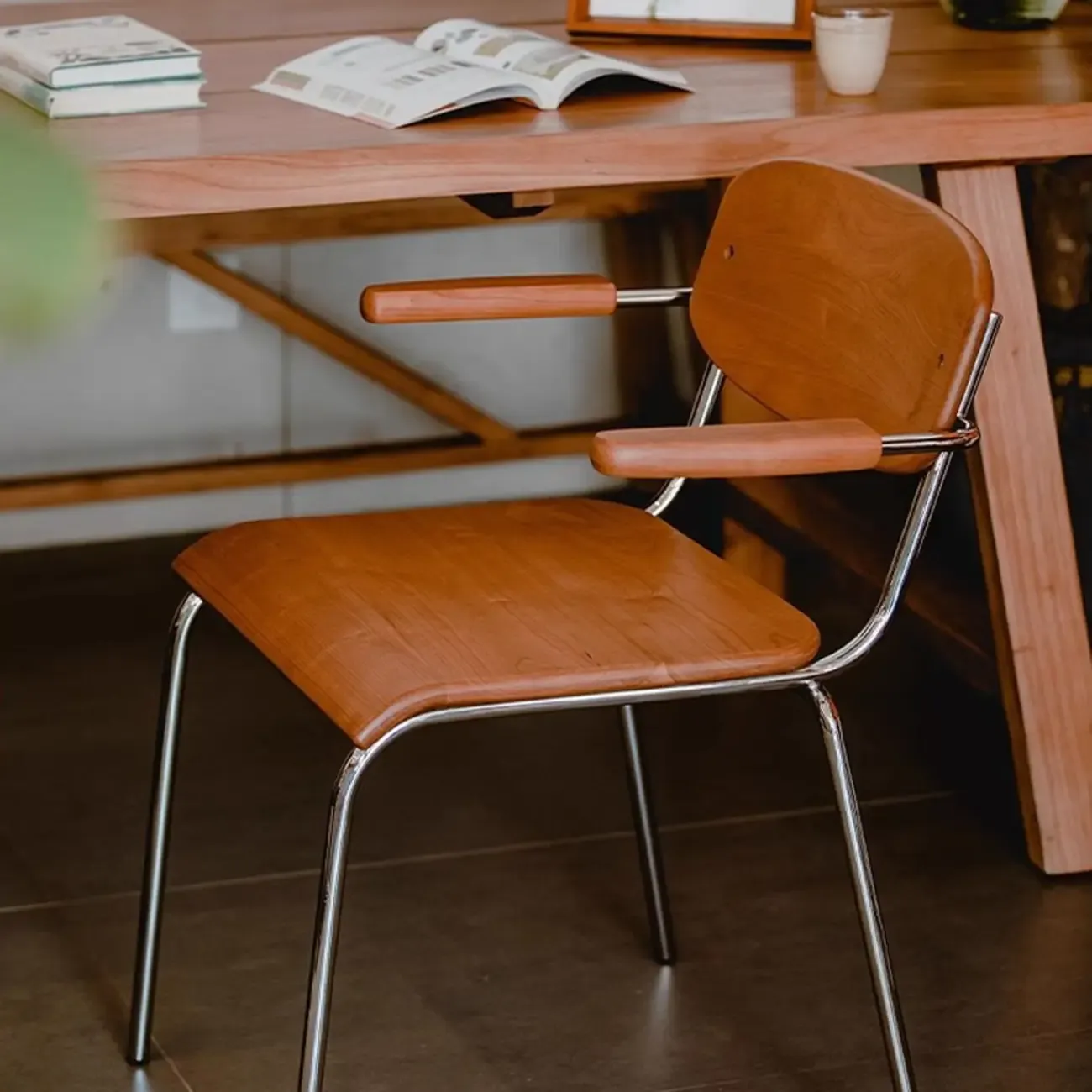 Retro Wooden Dining Chair with Armrests & Chrome Frame