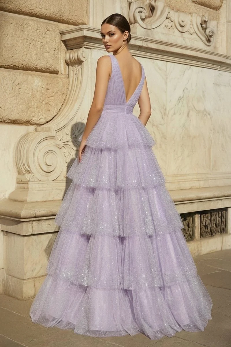 Lavender Tulle Sequin V-Neck Ruffle Tiered Long Prom Dress