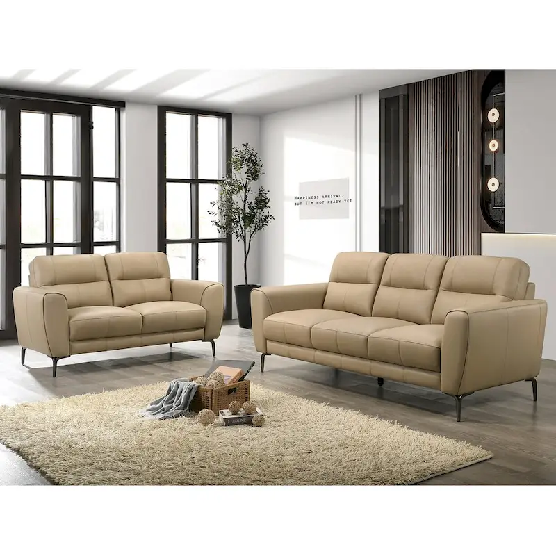 2 Piece Faux Leather Sofa Set with Triangular Chrome Legs