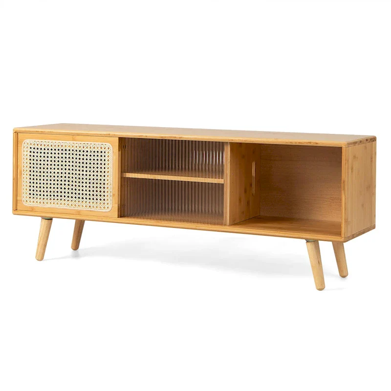 Mid-Century TV Stand with Rattan Sliding Doors, Brown/Natural, 47.5
