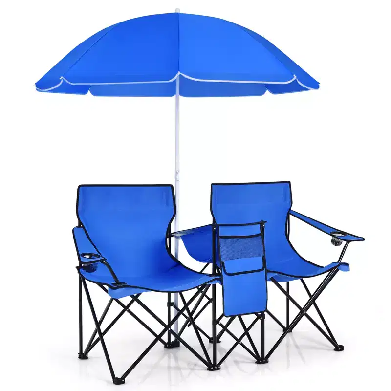 Gymax Double Folding Camping Chair w/ Cooler Bag Beverage Holder Removable Umbrella & Carrying Bag Blue/Gray/Black/Turquoise/Pink/Green