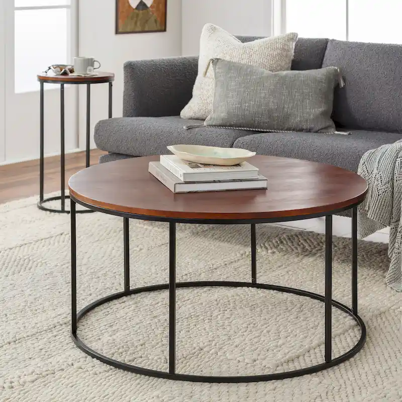 Brown Wood / Clear Glass / White Marble / Marble & Gold Modern Round Coffee Table with Black Metal Frame - Single Use