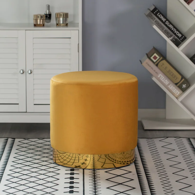 Modern Round Velvet Fabric Standard Ottoman Stool with Gold Base