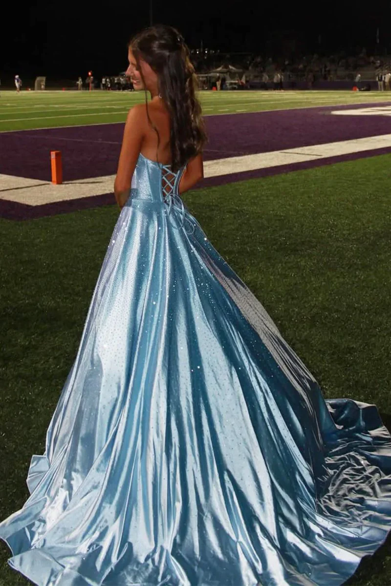 Sky Blue - Strapless A Line Satin Beaded Long Prom Dresses With Pockets