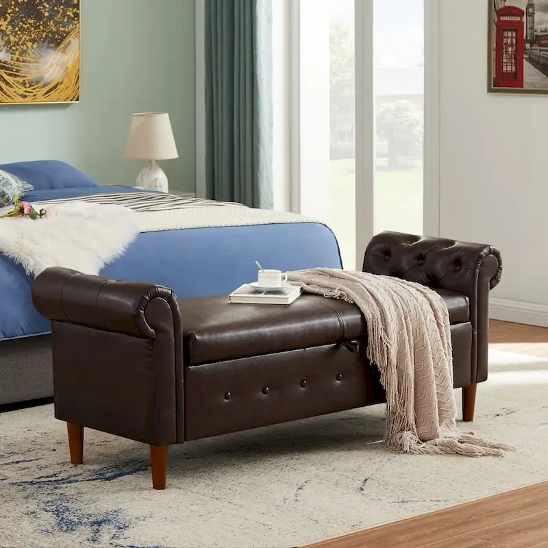 Storage Ottoman Bench with Rolled Arms and Button Tufting