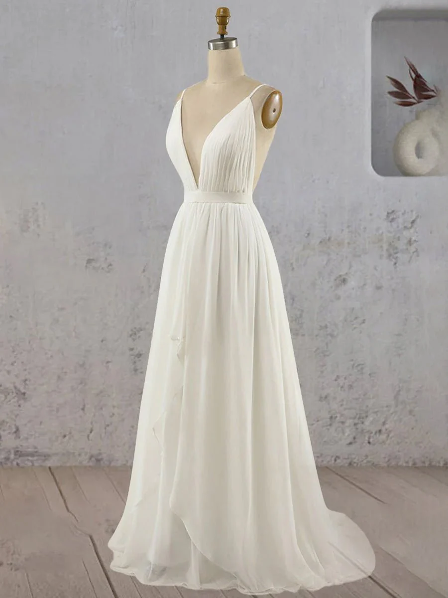 A-Line V Neck Straps Spaghetti Sheath Chiffon Wedding Dress