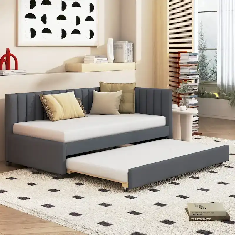 Twin Linen Daybed with Trundle and Semi-Closed Design