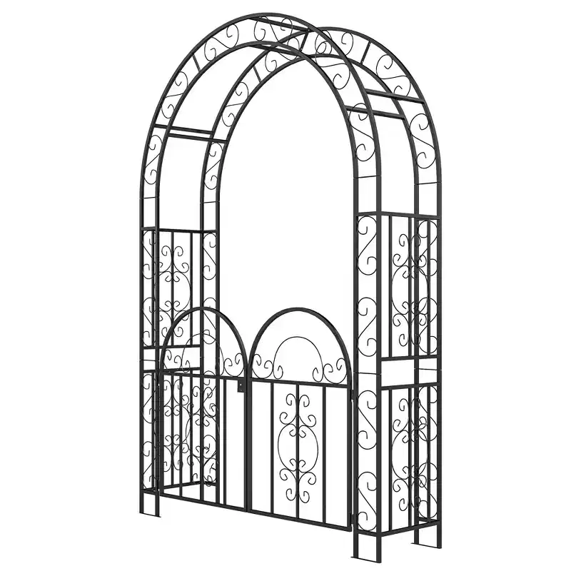 7.4ft Steel Garden Arch with Gate, Garden Arbor Trellis for Climbing Plants, Roses, Vines, Wedding Arch Stand for Outdoor,Garden,Lawn,Backyard,Black