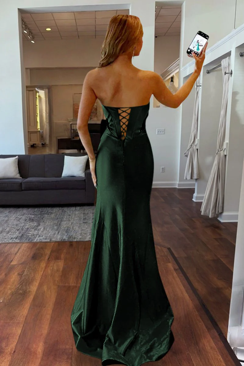 Emerald Strapless Mermaid Satin Long Prom Dresses With Bowknot