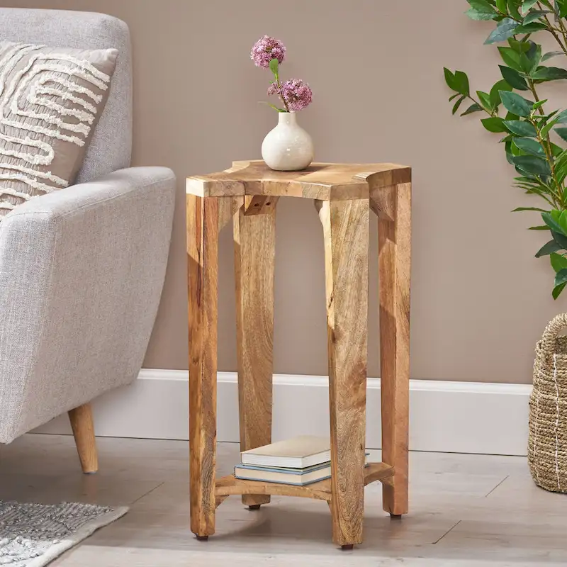 Natural Boho Handcrafted Mango Wood Concave Side Table - Single Use