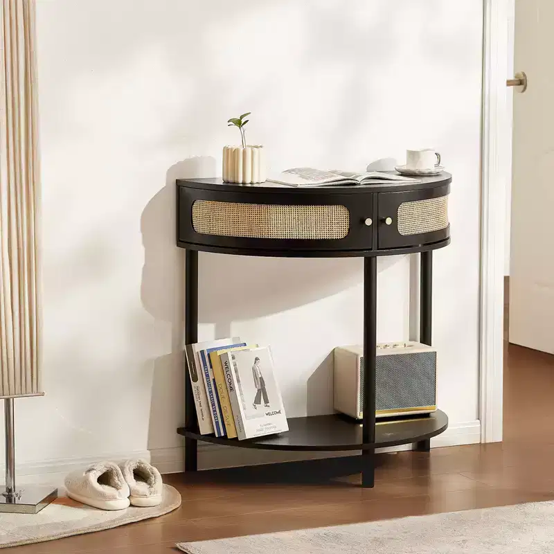 VEVOR Half-moon Rattan Console Table with 2 Drawers, Rattan Entryway Table with Natural Rattan Sliding Door, Console Table with Storage, Black