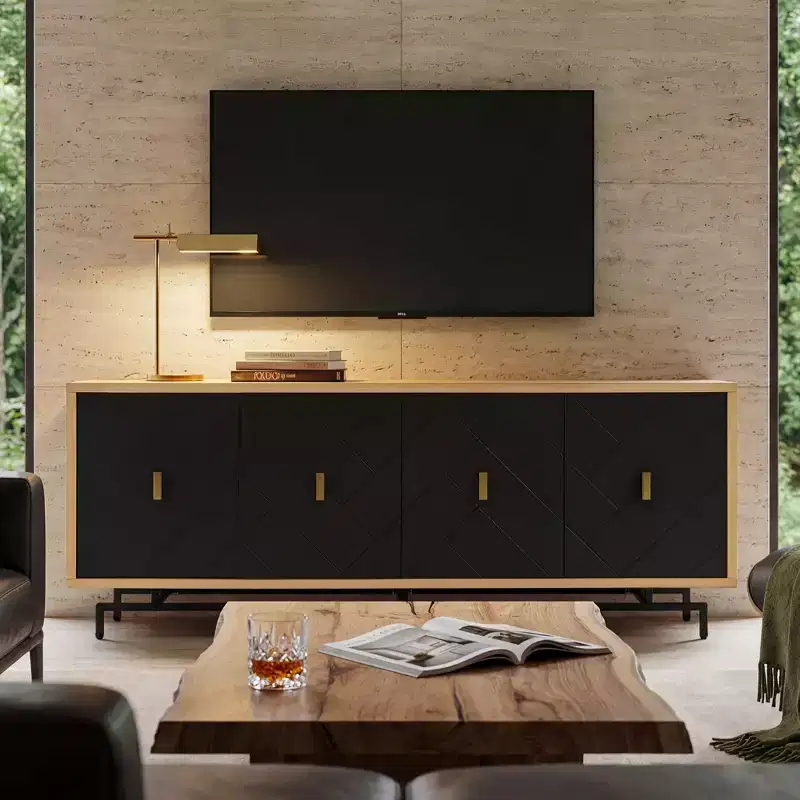 74 Modern Black TV Stand for Entertainment Center, Large Media Console with 4 Cable Management Ports, Metal Base for Living Room - Morden Fort