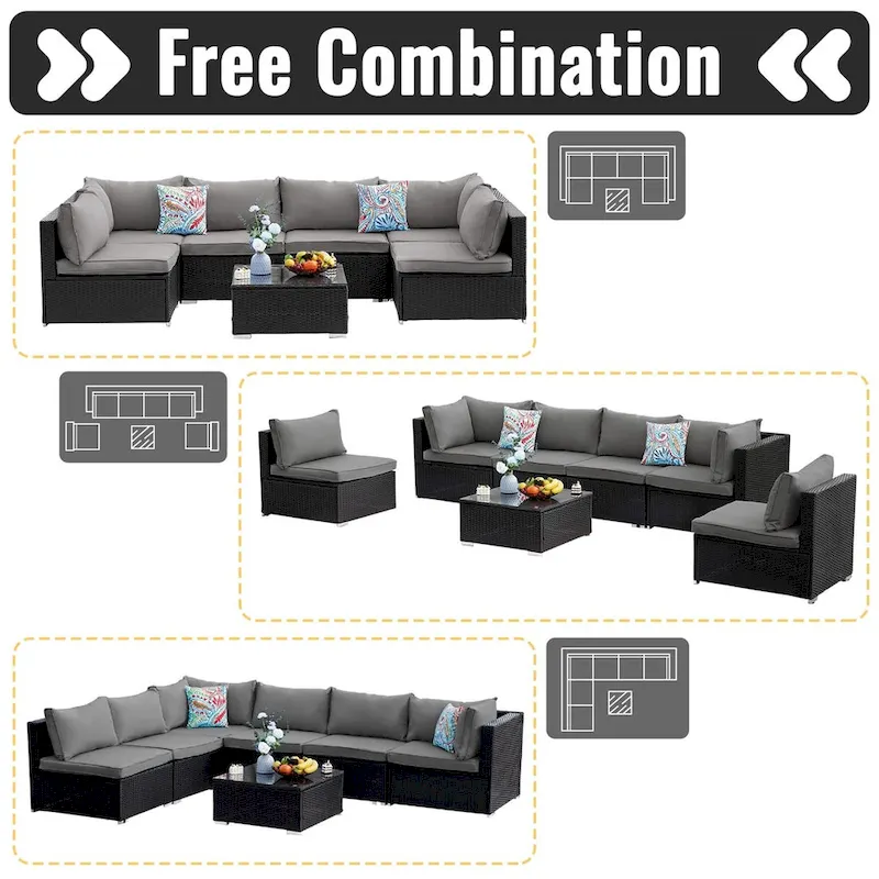 7-Piece Wicker Patio Conversation Set with Cushions and Glass Table