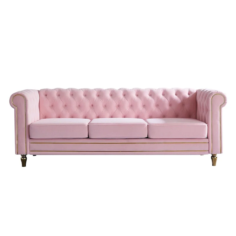 Green / Pink Velvet Chesterfield Sofa with Gold Trim & Button Tufting – 2-Seat
