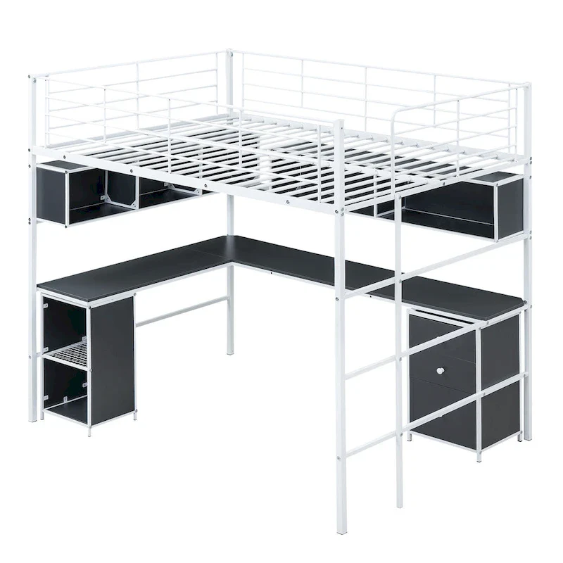 Black Full Metal Loft Bed with Bookcase, Desk & Cabinet – Full Size, 1 Person