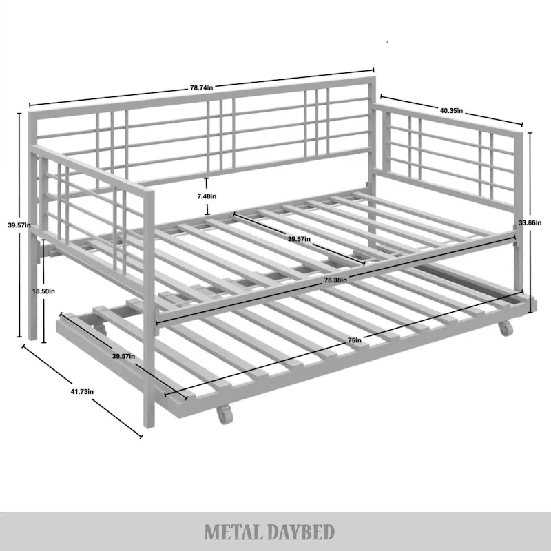 White/Brown/Black Metal Twin Daybed with Roll-Out Trundle, 1-Person