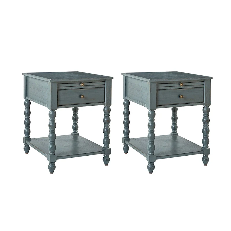 Blue / Walnut / Charcoal Farmhouse Solid Wood End Table with USB & Outlet, Set of 2
