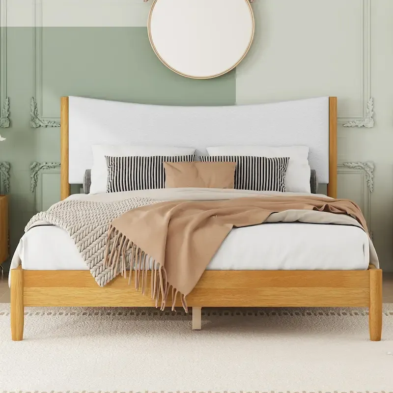 Natural Queen Size Rubber Wooden with Platform Bed Teddy Velvet Cushion Upholstered Headboard