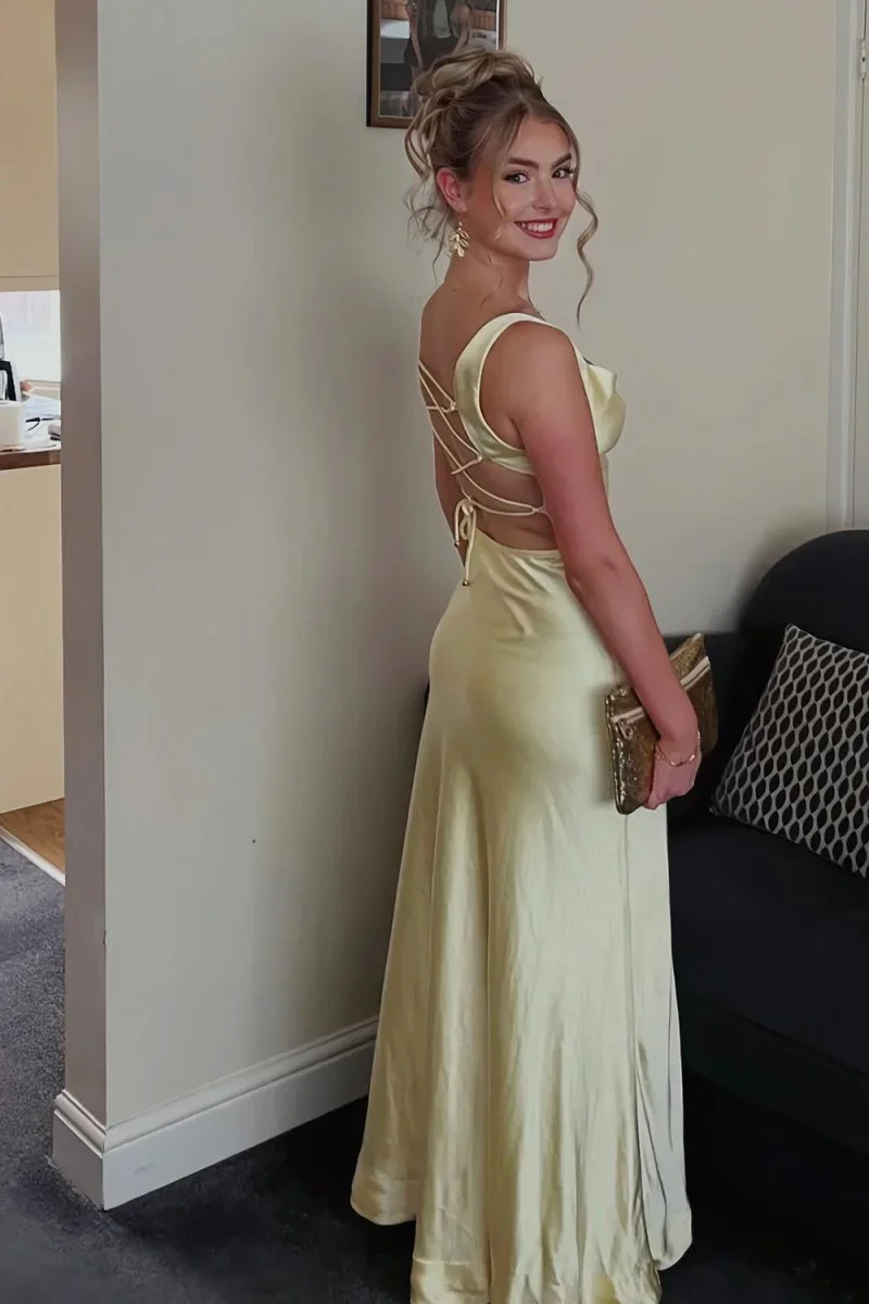 Red A-Line Square Neck Satin Long Prom Dresses with Slit