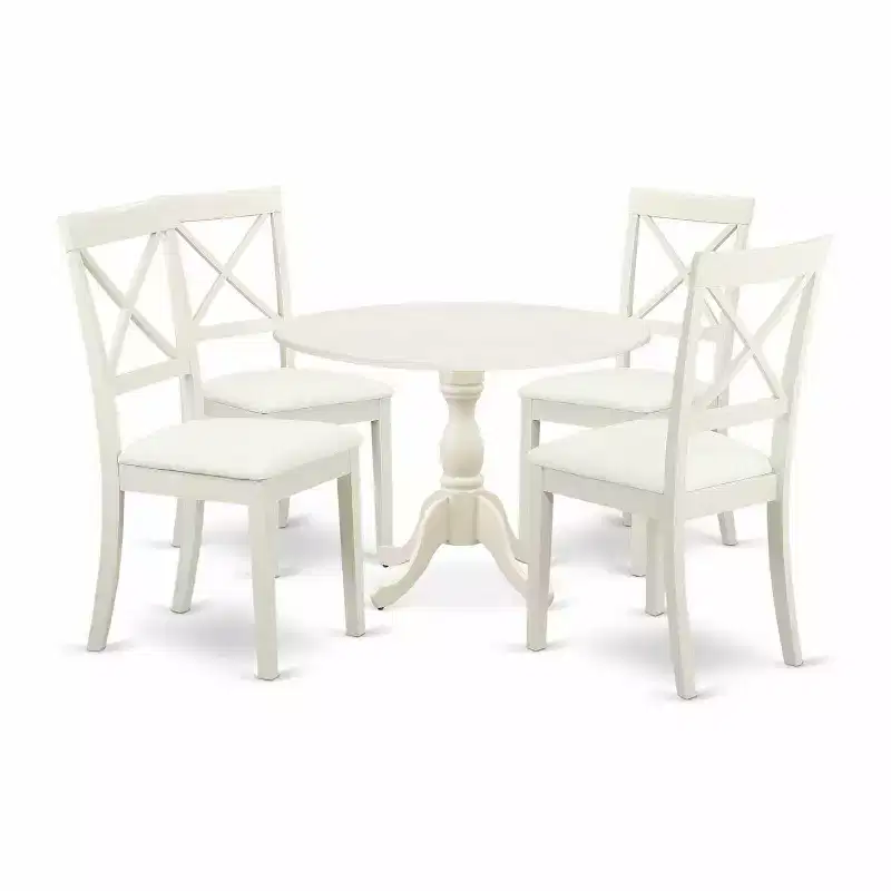 HomeStock 5-Piece Linen White Finish Solid Wood Top Dining table with 4-Chairs with Drop Leaf Lattice Back
