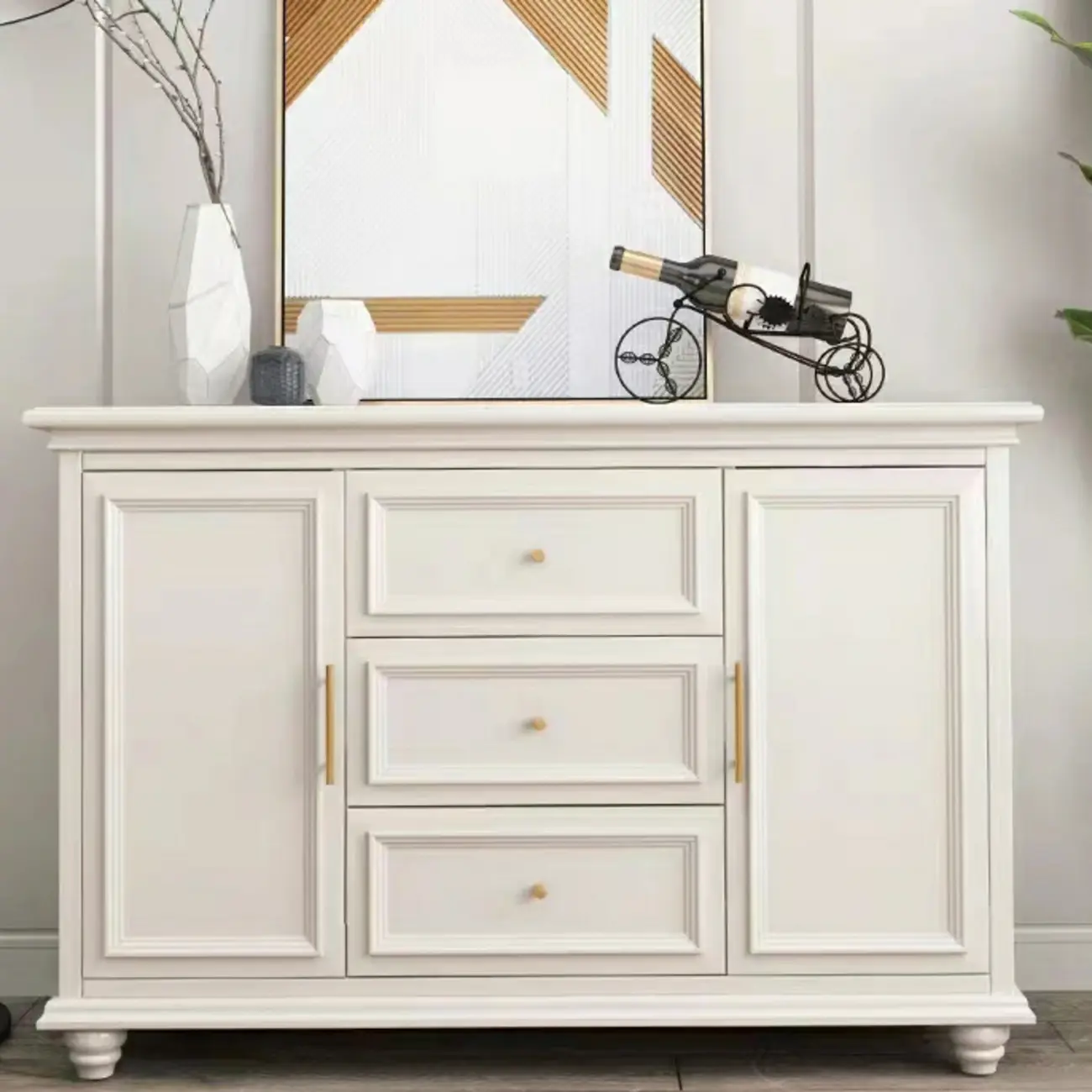 White Wooden Sideboard with 3 Drawers and Cabinets