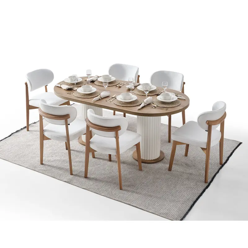 Bari 7-Piece Oval Dining Table And 6 Dining Chair With Wood Leg Set