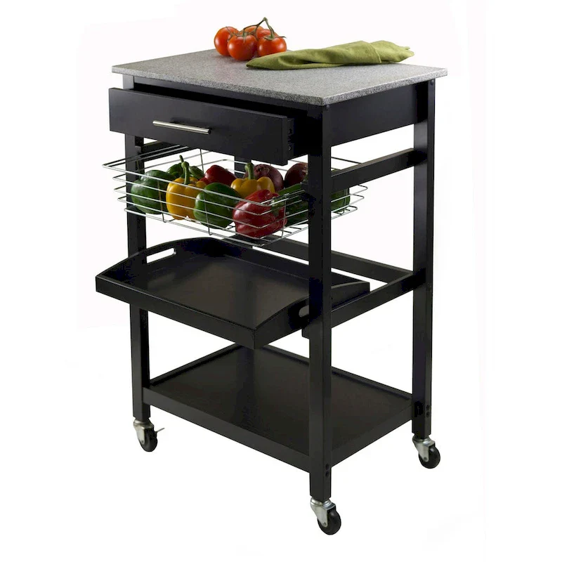 Julia Utility Kitchen Cart, Granite Top, Black - 22.68 x 16.06 x 33.94 inches